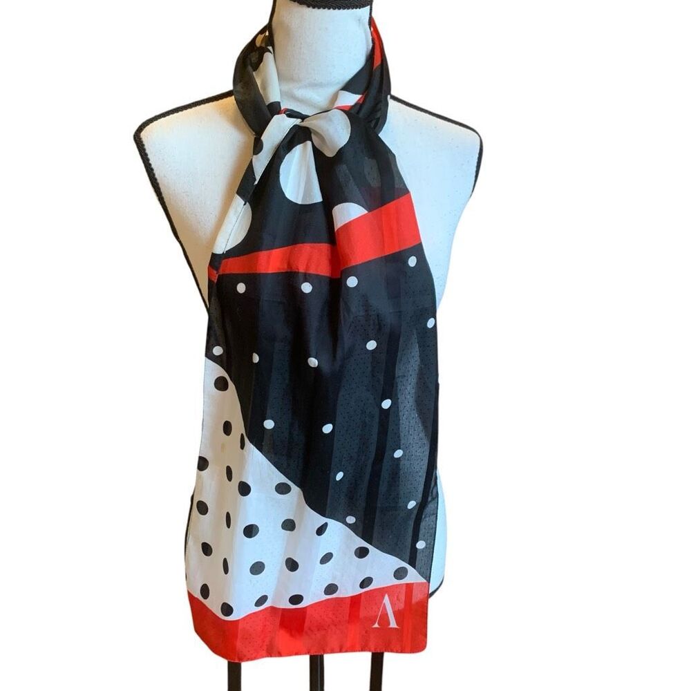 Avon VNTG 1992 Contrast Scarf Red White Blue Geometric Patterns PolkaDot 12”x62”